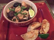 Spicy Shrimp Noodle Soup served with Vegetable Dumplings