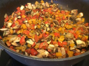 Onions, Mushrooms, and Peppers all in the pan together