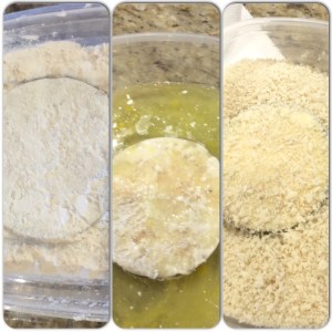 Dip the eggplant in the flour, then the egg whites, and finally the panko!