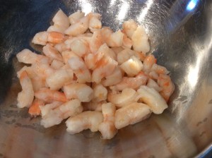 Shrimp...I prefer smaller pieces so I chopped mine in half