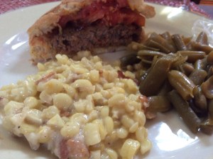 Burgers with a side of fried corn and green beans!