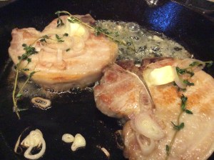 Basting chops with pan sauce