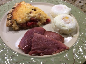My husband's plate...Tomato Pie, Country Ham, and 2 Poached Eggs!