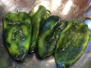 Bitter poblano skins have been removed