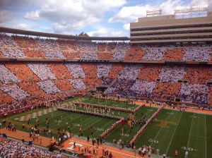 The Big Orange running through the "T" in an orange and white checkered Neyland Stadium!