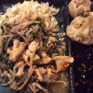 Szechwan Chicken Stir Fry with Fried Rice and Steamed Chicken and Shrimp Dumplings