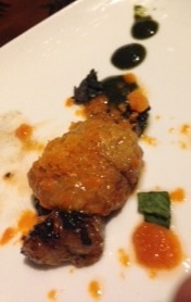 Fresh Uni with miso-cured and charred fatty beef, kimchi granita with a shiso emulsion!