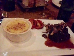 Finally, I had the Grilled Beef Tenderloin.  It came with caramelized onion mashed potatoes, with roasted tomatoes and sautéed mushroom.  The sauce next to the steak is a veal demi glas
