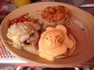 Hunter's Benedict of 2:  Ham Benedict and Chile Verde Benedict 