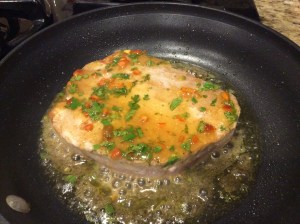 Both sides are seared lightly then add that lovely sauce!